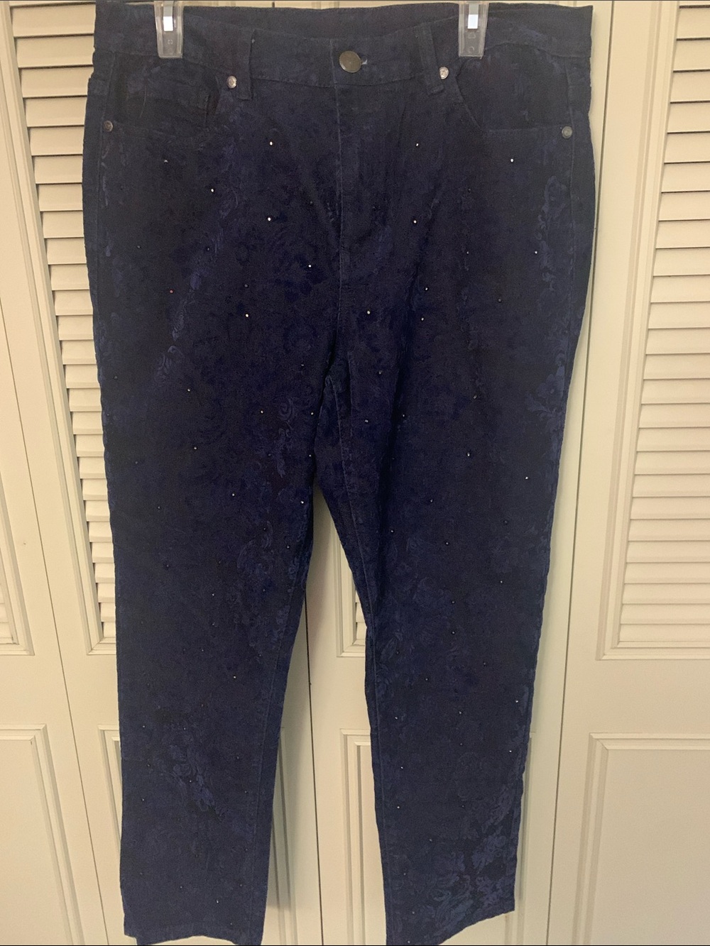 Diane Gilman Dark Navy Embossed Straight Leg Jeans with Sparkle